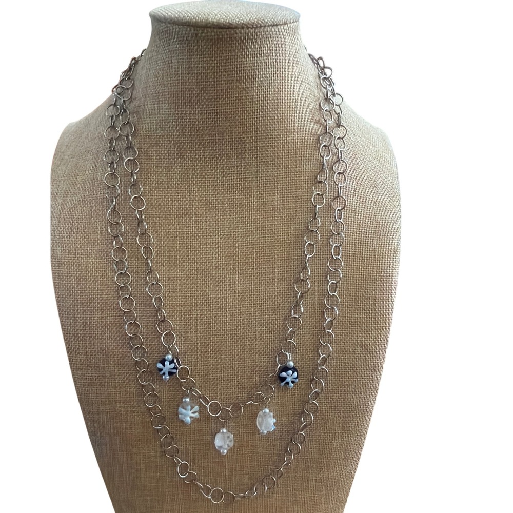 Silver Tone Double Strand Snowflake Bead Magnetic Clasp Necklace